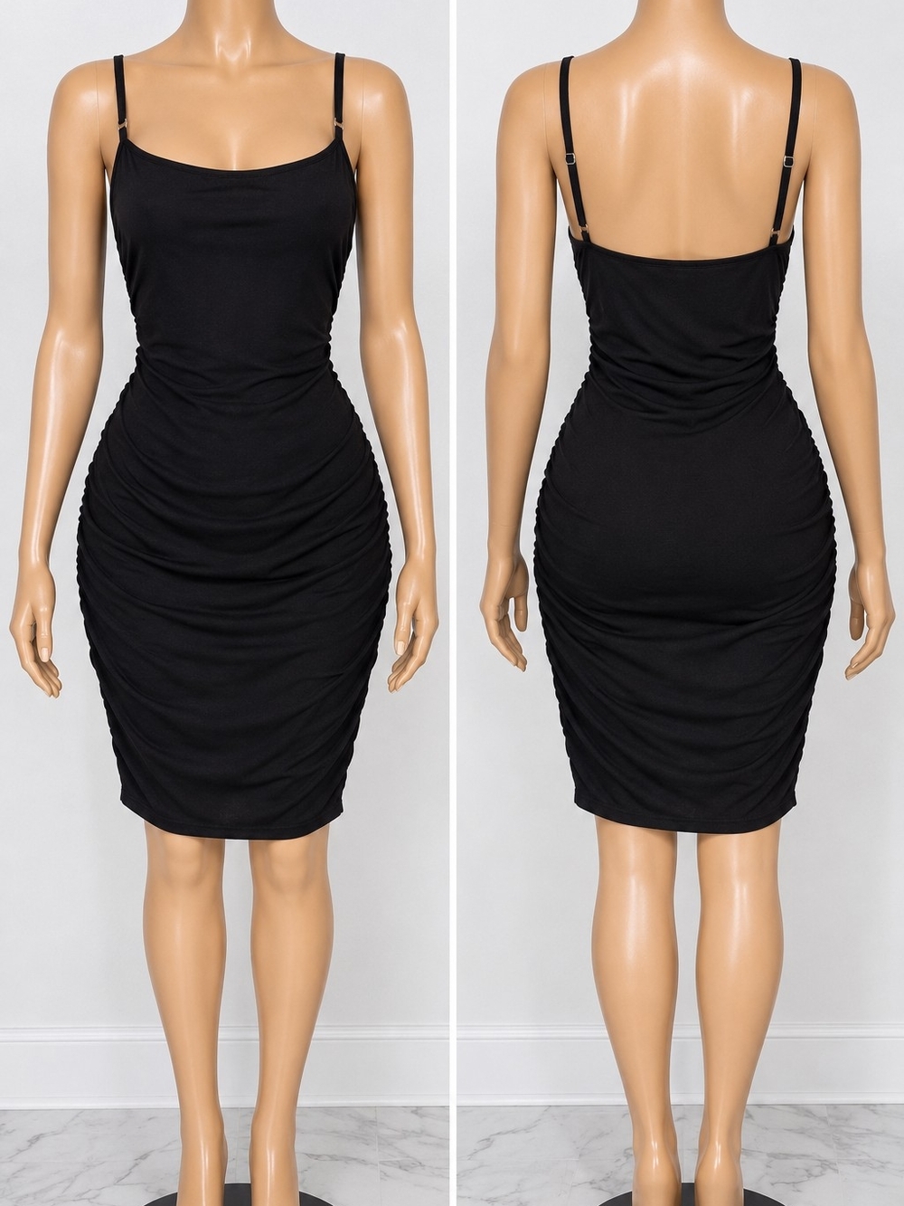 Adjustable Strap Black Ruched Midi Bodycon Dress